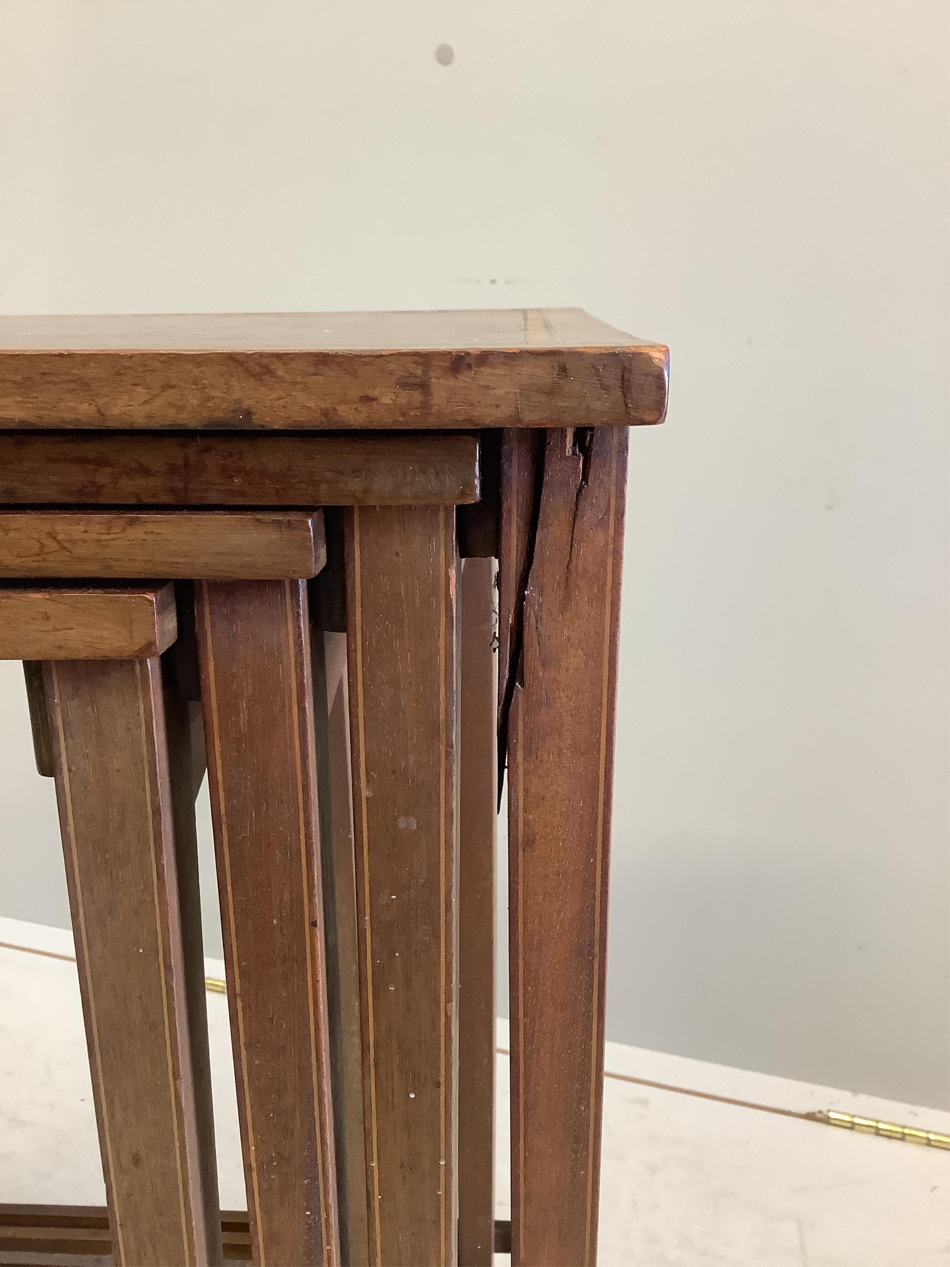A quartetto of Edwardian satinwood banded mahogany tea tables, on splayed legs, width 54cm, depth 33cm, height 71cm (in need of repair)